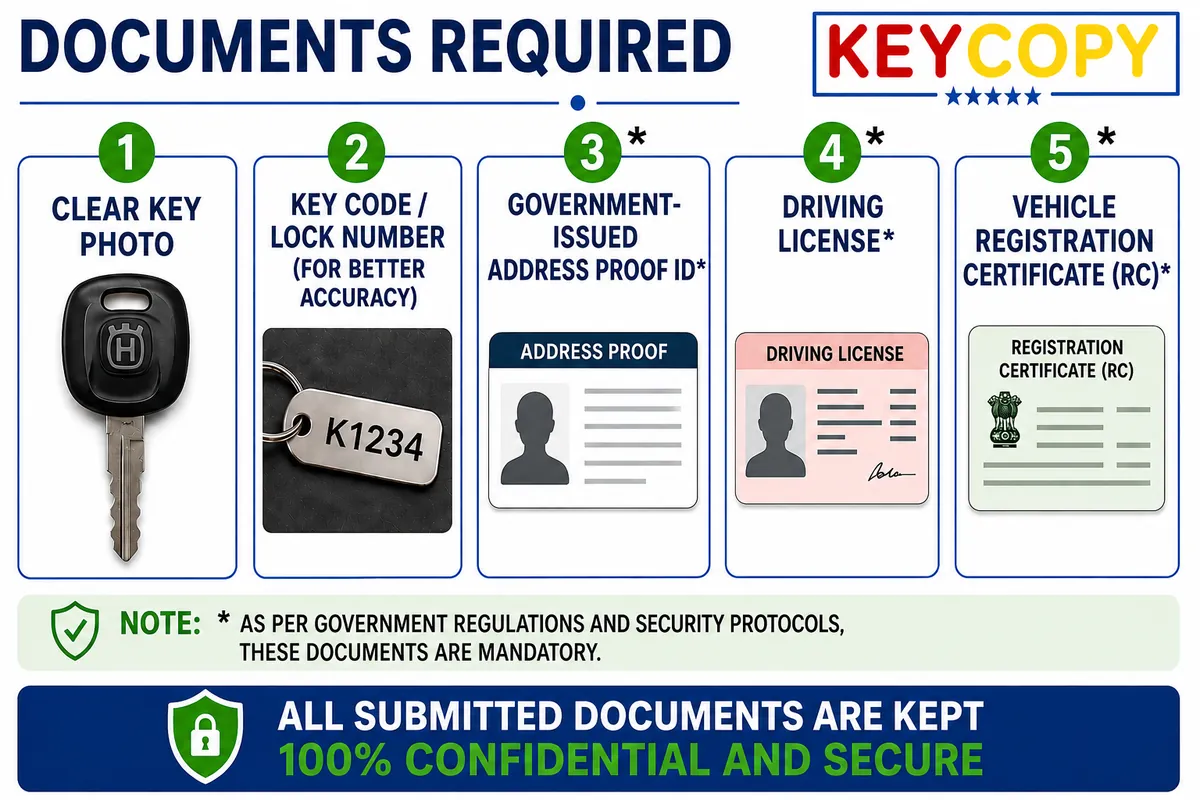 Documents required for online motorcycle key duplication – key photo, lock number, address proof, driving license and RC