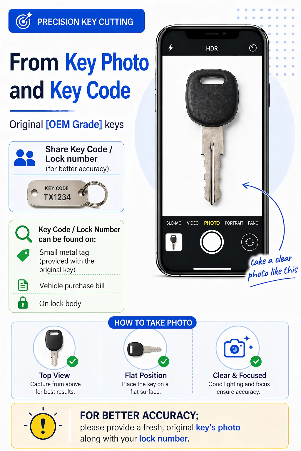 How to take a motorcycle key photo and provide key code for key duplication