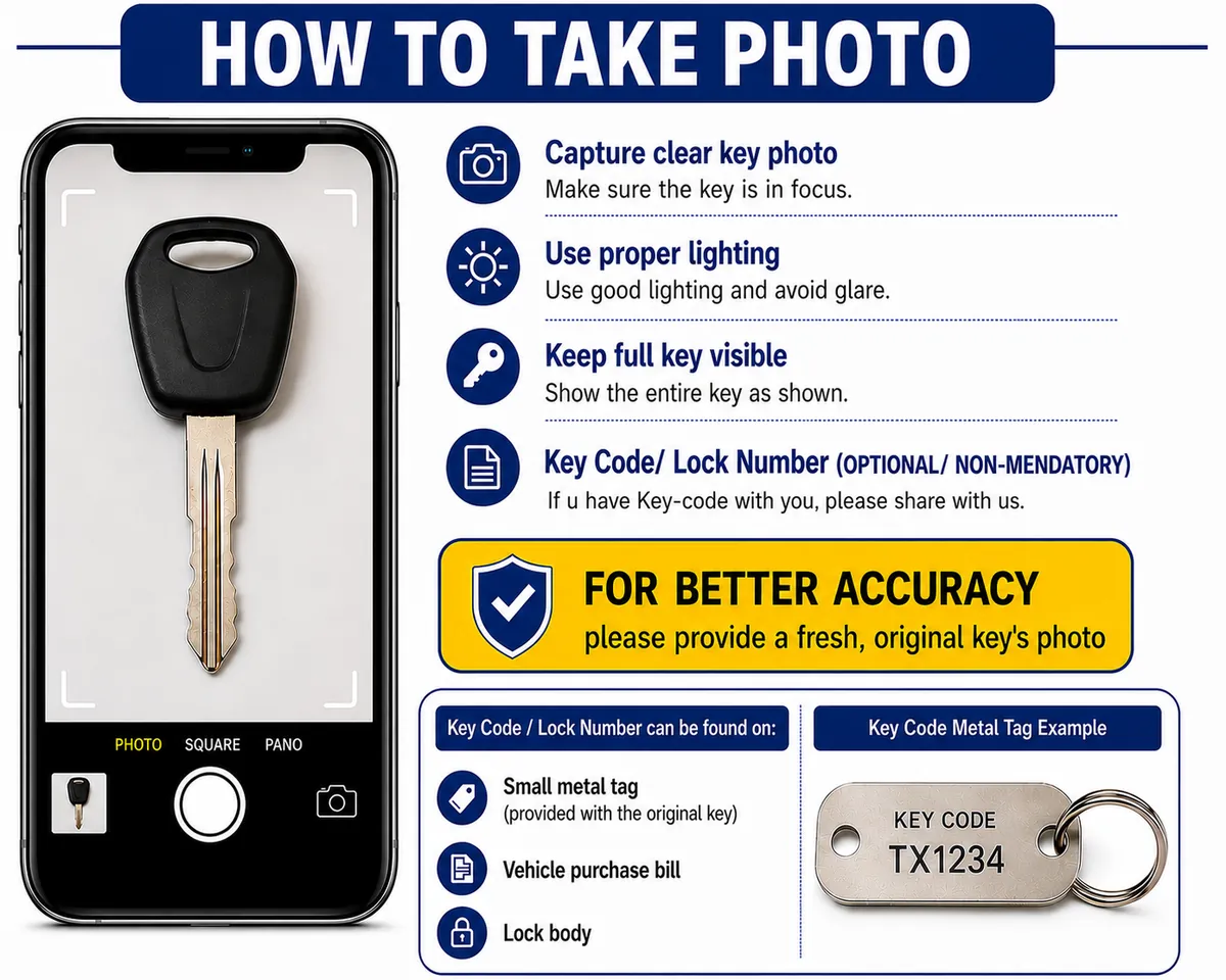Documents required for online motorcycle key duplication – key photo, key code, ID, driving license and RC