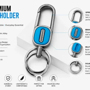 Blue Zinc Alloy Hook Keychain Features with Double Key Ring