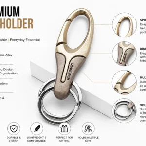 Gold Zinc Alloy Hook Keychain Features with Double Key Ring